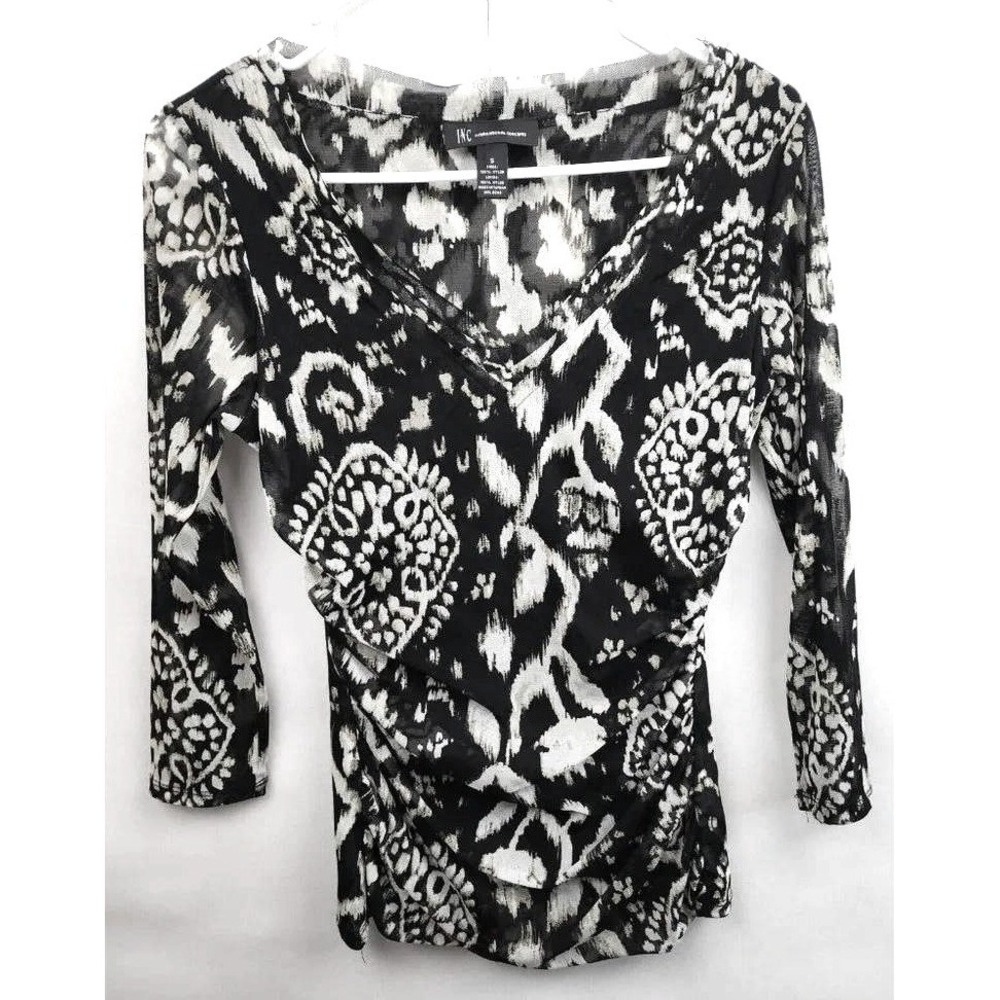 INC International Concepts Top Womens Small Black White Mesh Artsy Ruched V-Neck